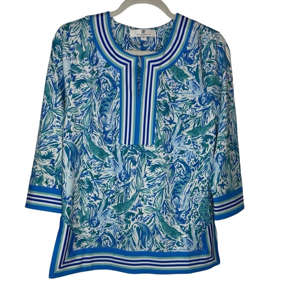 Jean-Pierre Klifa Paris Alexandra Top Garden Blue Sz S 3/4 Sleeve Small Snag GUC